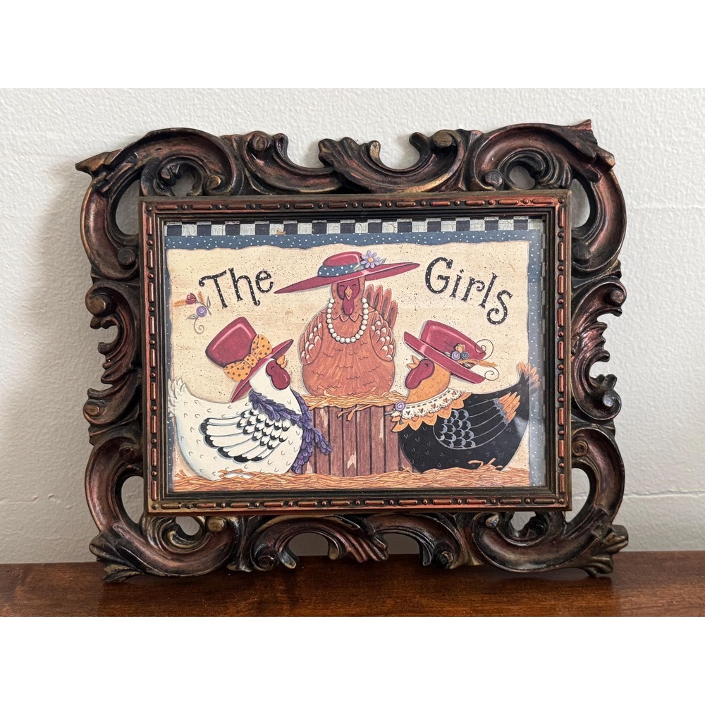 Vintage Whimsical Framed Chicken Wall Decor Elegant Glass Front Frame